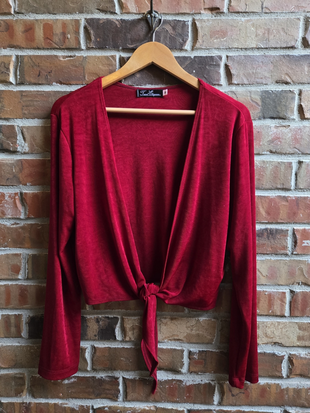 Tie-Front Deep Red Festive Top - Red Slinky Soft Flowy Easy Layering